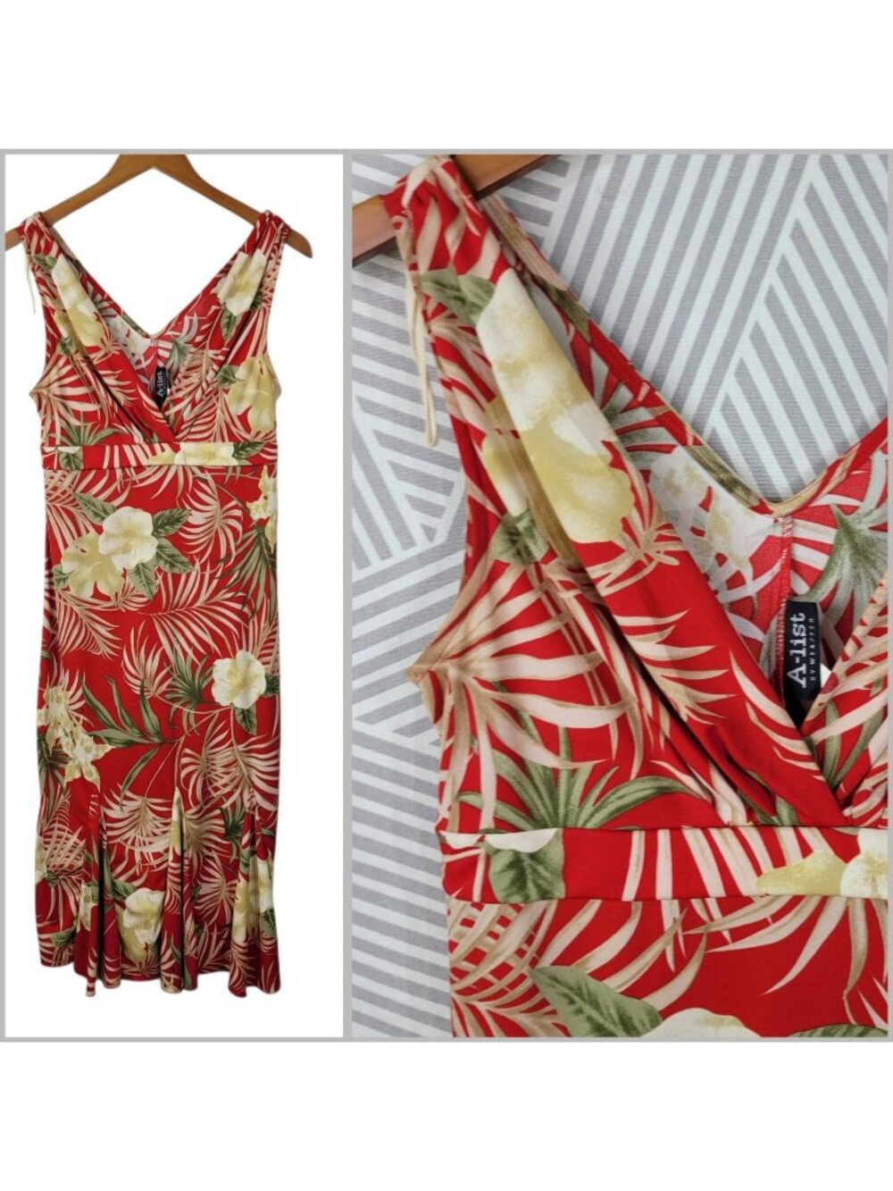 Vintage 90s Tropical Dress Size XL Lightweight Hawaiian Stretchy Red Hibiscus